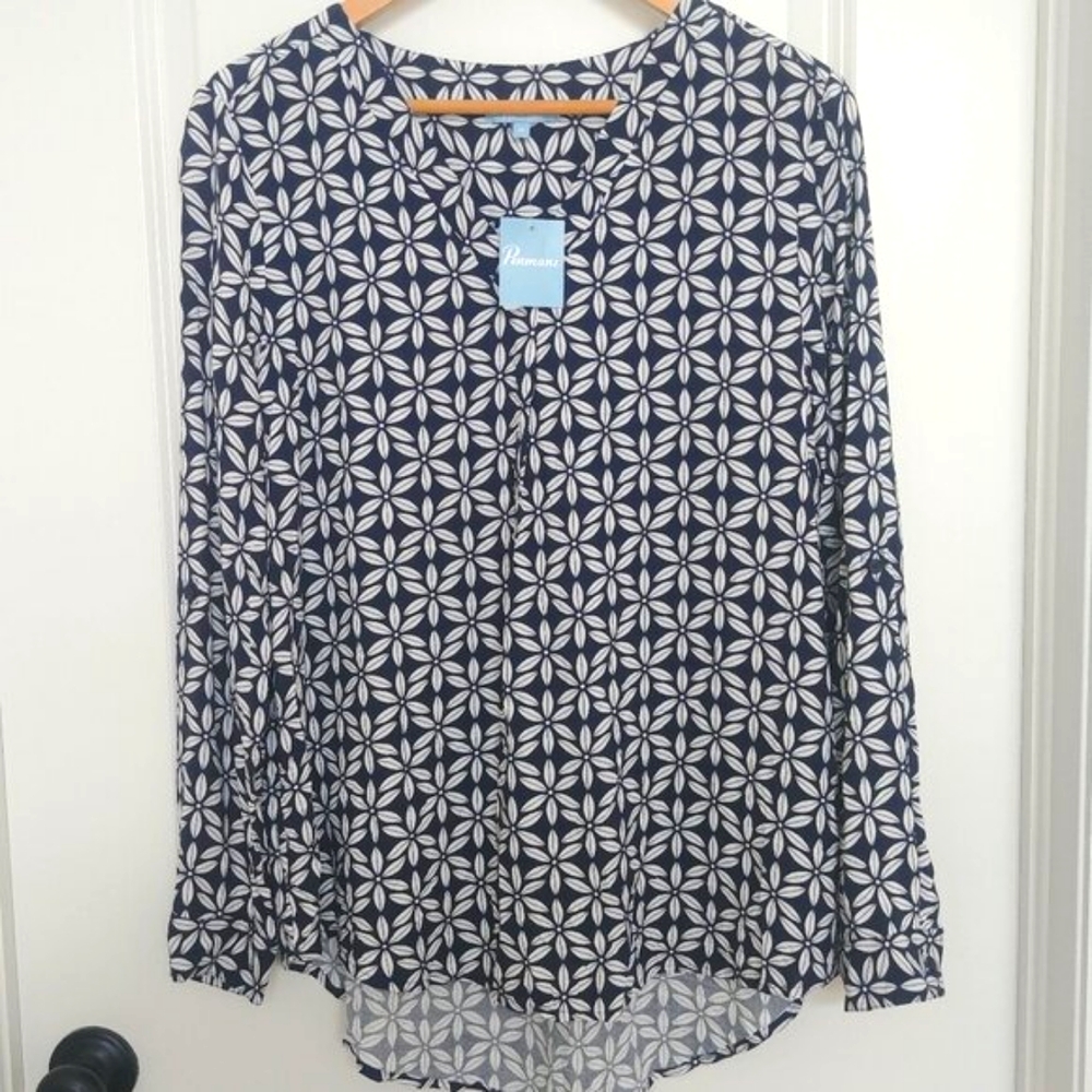 NEW TAGS Penmans navy blue white geometric floral soft 100% rayon blouse…